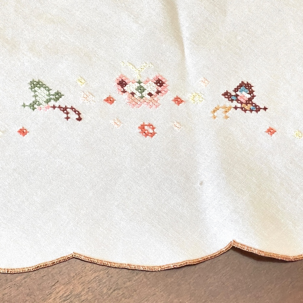 Vintage Linen Oval Tablecloth Embroidered Cross Stitched Roses Butterflies 64x65 - Picture 8 of 14